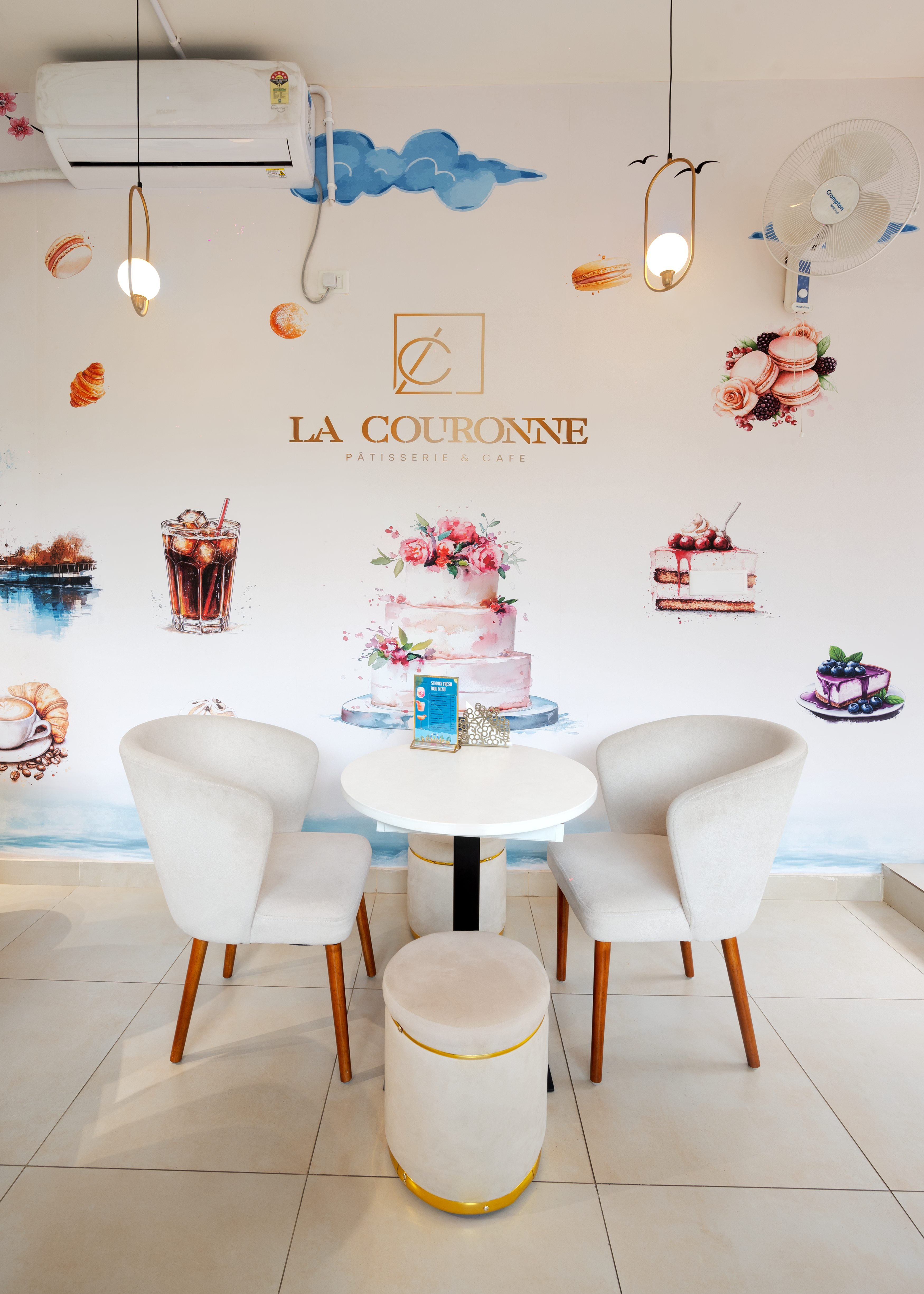Elegant cafe interior with warm light